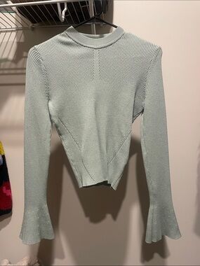 Full Tilt Sage Ribbed Bell Sleeve Mock Neck Crop Sweater Knot Top
